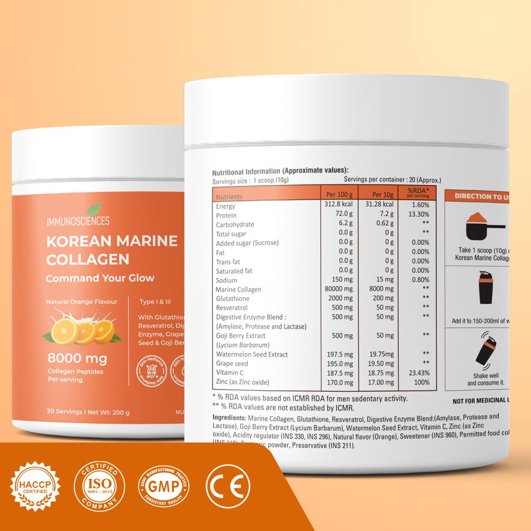 Korean Marine Collagen Powder for Glowing Skin, Hair & Nails | Hydrolyzed Collagen Peptides | Anti - Aging Supplement - IMMUNOSCIENCES