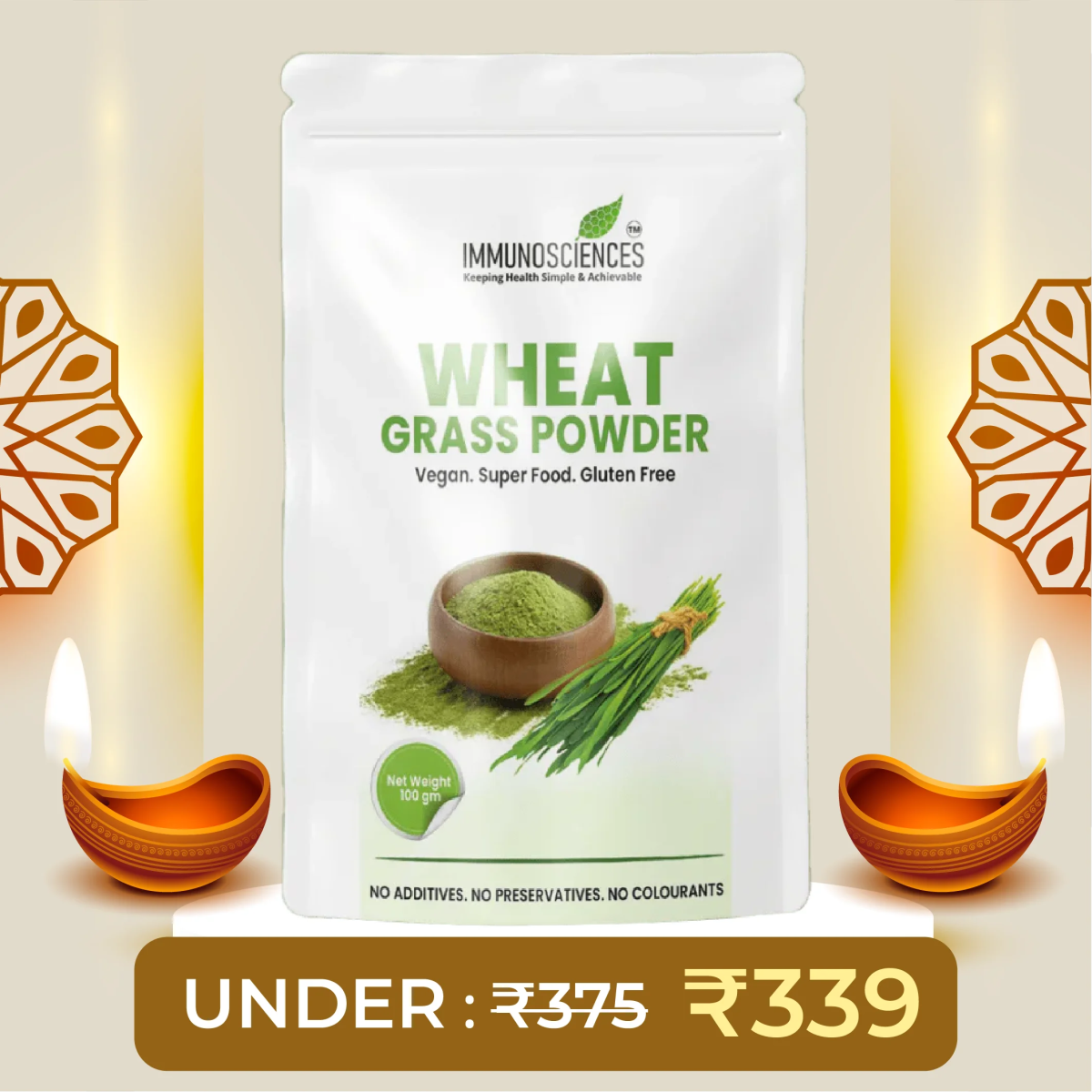 Wheatgrass Powder – Organic, Raw & Natural – Rich in Chlorophyll, Vitamins & Antioxidants - IMMUNOSCIENCES