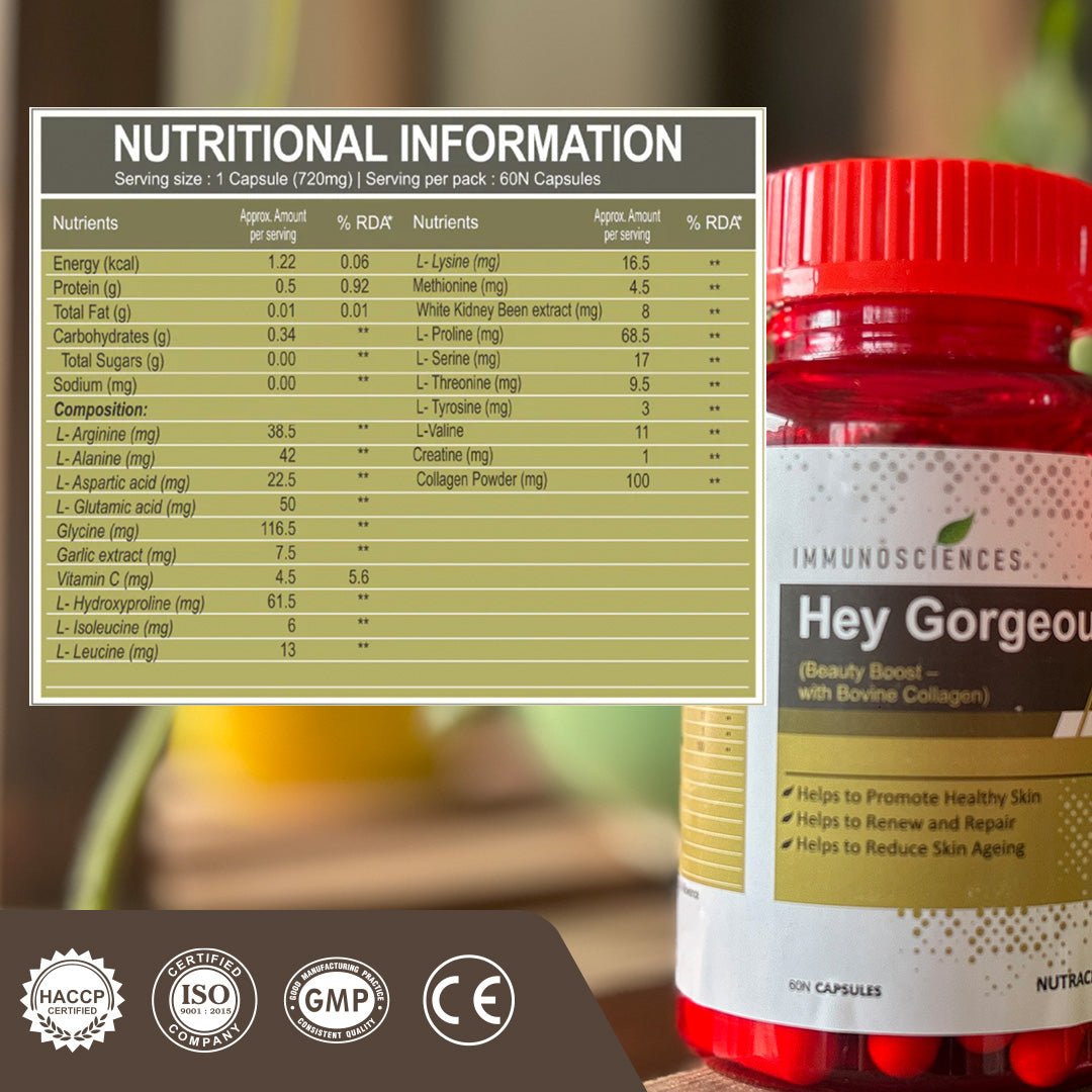 Hey Gorgeous! - Bovine Collagen Capsules for Skin Glow, Anti - Ageing & Repair - IMMUNOSCIENCES