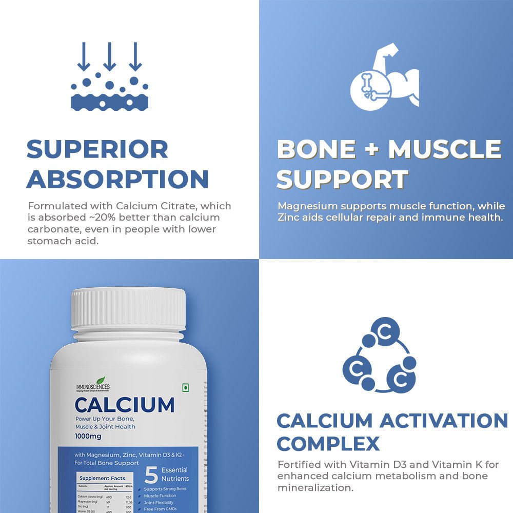 Calcium Tablets – Bone Strength & Density Support – with Vitamin D3 & Magnesium - IMMUNOSCIENCES