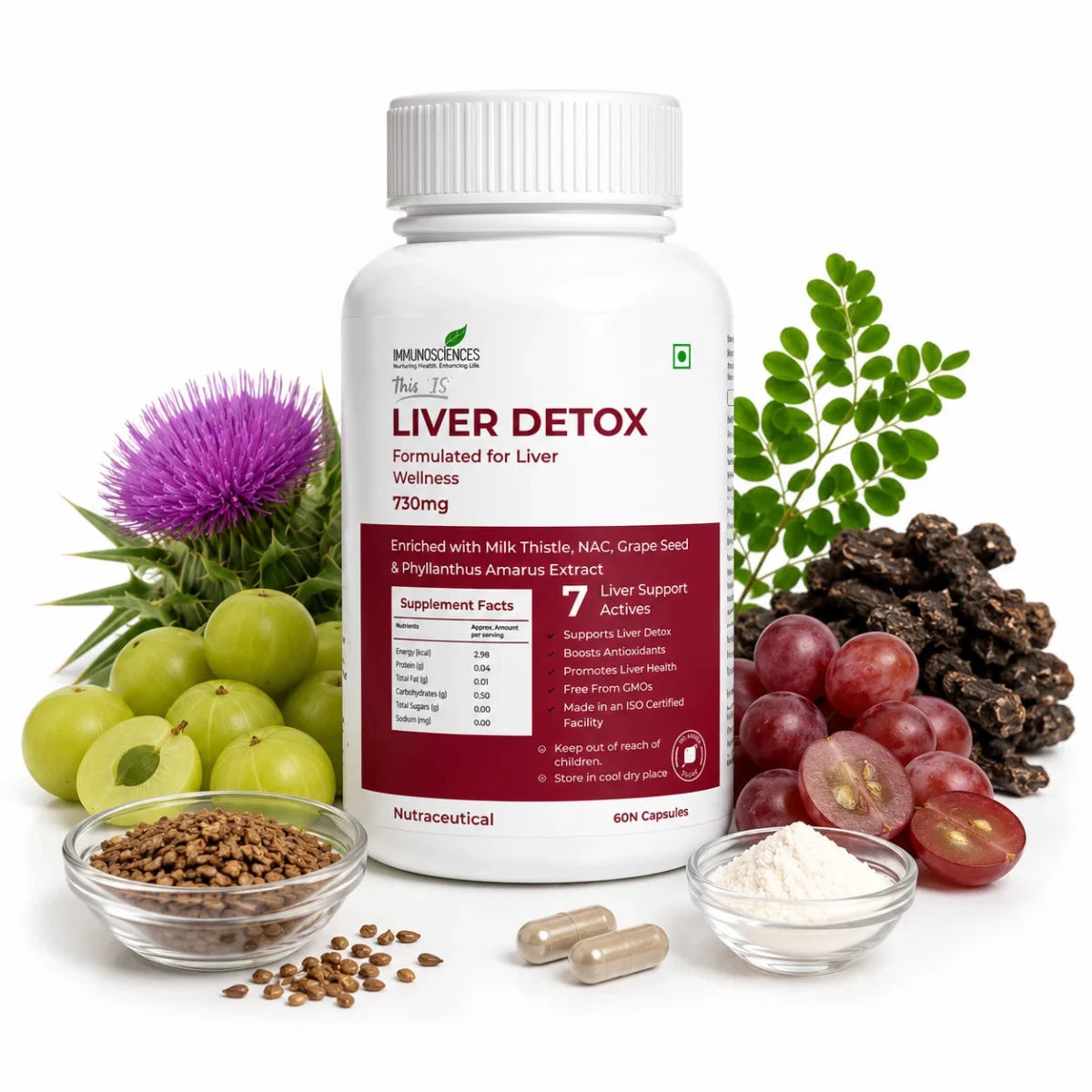 Immunosciences Liver Detox supplement with Milk Thistle, NAC, Grape Seed and Phyllanthus Amarus for liver support.
