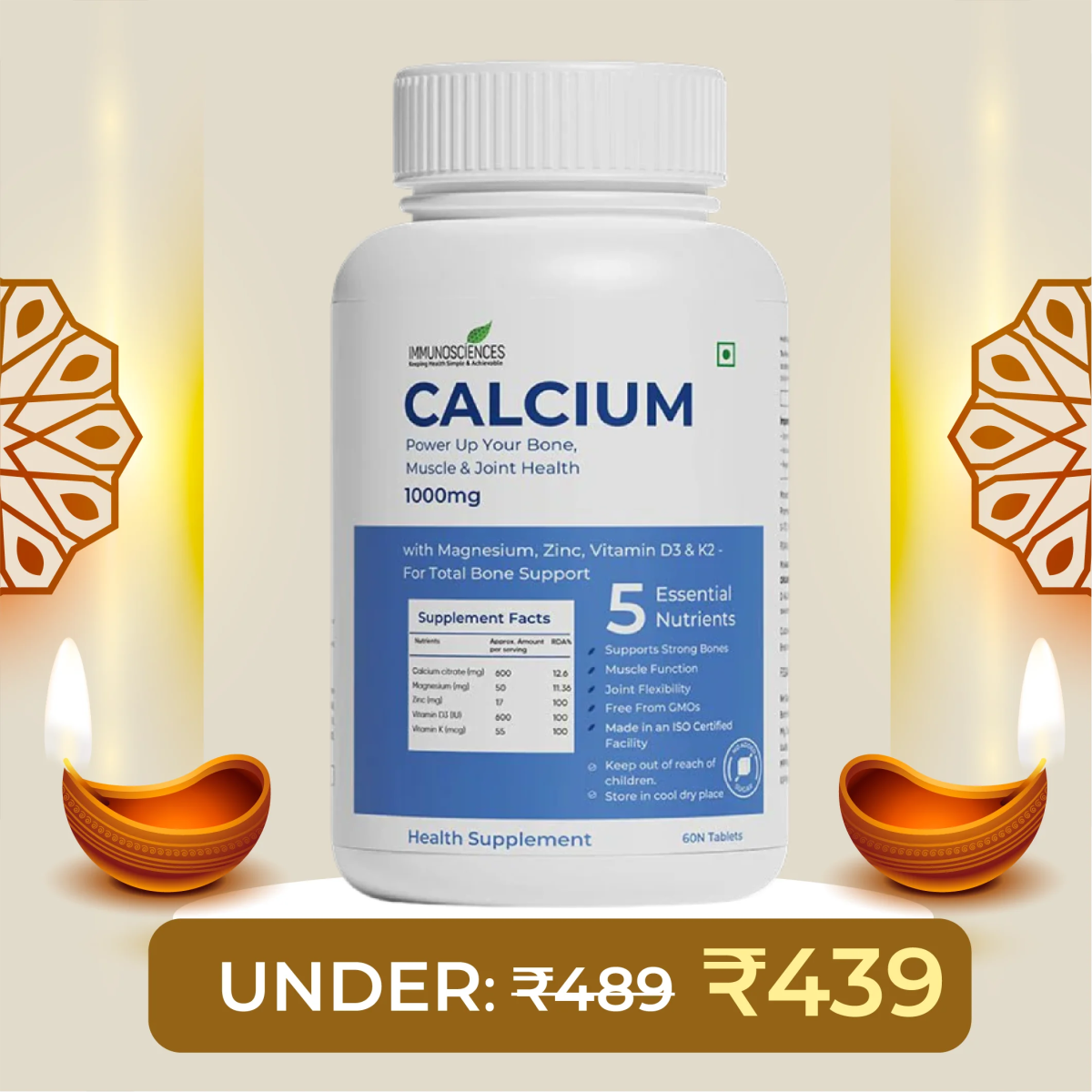 Calcium Tablets – Bone Strength & Density Support – with Vitamin D3 & Magnesium - IMMUNOSCIENCES