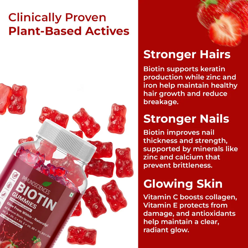 Biotin Gummies – High Potency 10,000 mcg for Hair Growth, Skin & Nails – Delicious Strawberry Flavor – 30 Gummies