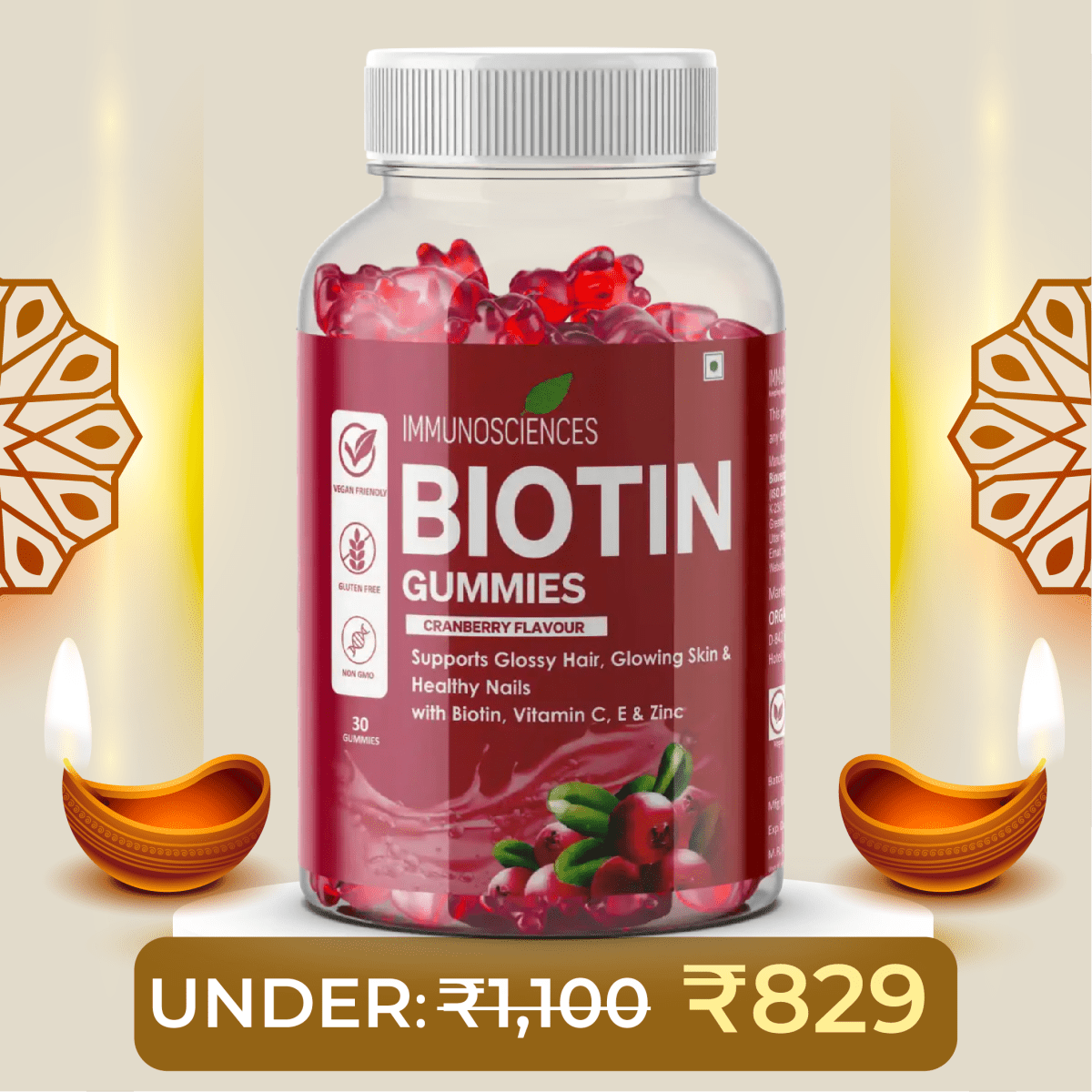 Biotin Gummies – High Potency 10,000 mcg for Hair Growth, Skin & Nails – Delicious Strawberry Flavor – 30 Gummies - IMMUNOSCIENCES