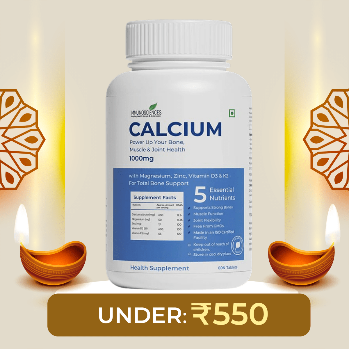 Calcium Tablets – Bone Strength & Density Support – with Vitamin D3 & Magnesium - IMMUNOSCIENCES