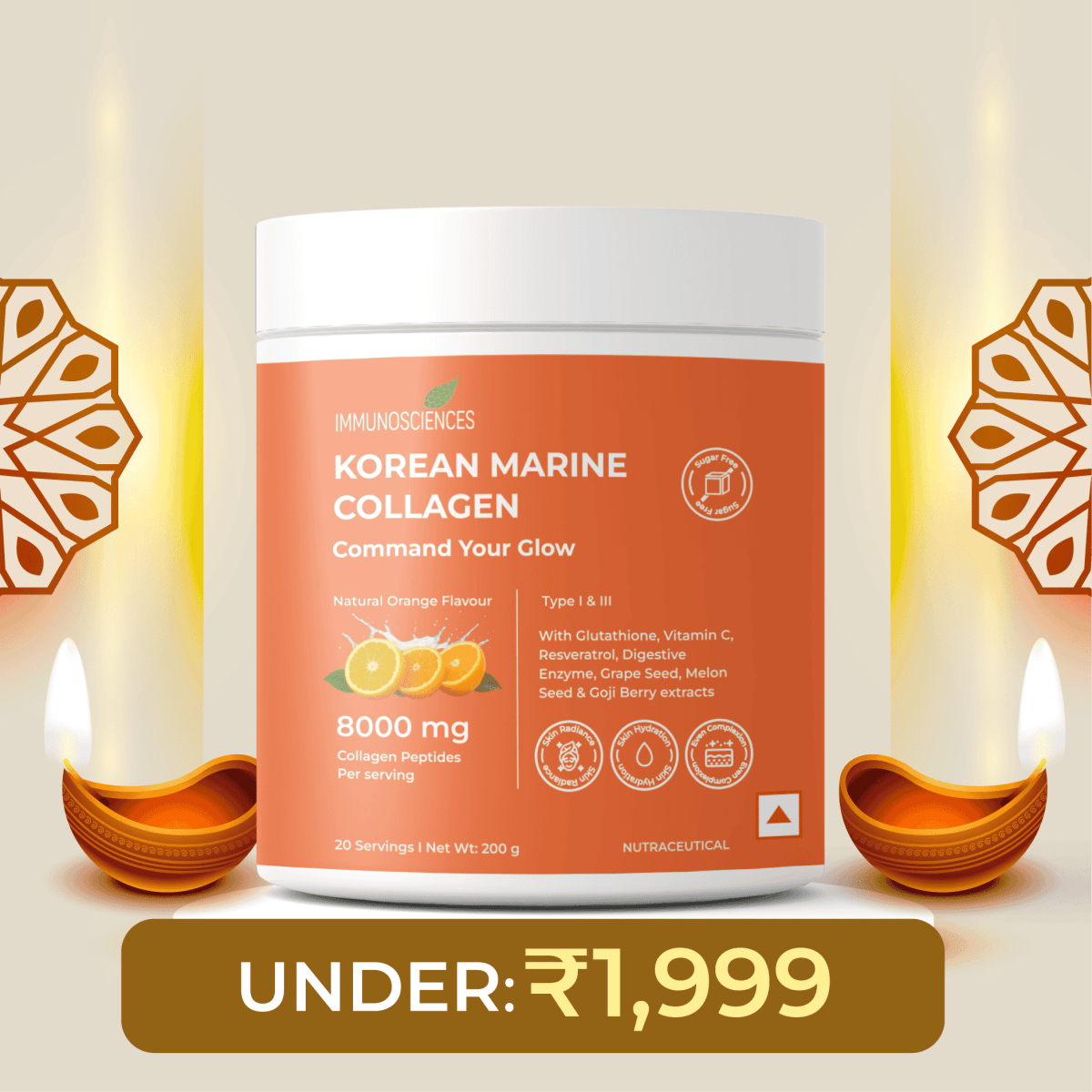 Korean Marine Collagen Powder for Glowing Skin, Hair & Nails | Hydrolyzed Collagen Peptides | Anti - Aging Supplement - IMMUNOSCIENCES
